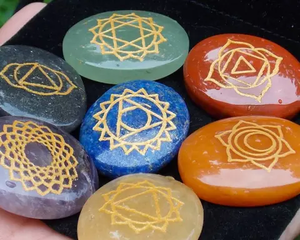 7 Chakra Engraved <b>Crystal</b> Stone <b>Set</b> Natural Quartz Agate Palmstones Polished Gem Figurines for Reiki Meditation - Product Image 1