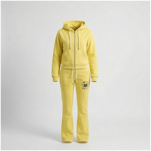 Women <b>Yellow</b> Hooded <b>Tracksuit</b> 2-Piece Cotton Sweatshirt Pants Set Casual Full Length Zipper Fly Solid Color Breathable Spring - Product Image 1