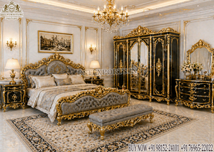 Muebles de dormitorio principal de madera de teca inspirados en el barroco imperial, hechos a medida, con hojas de oro real talladas, a precios de fábrica. - Product Image 6