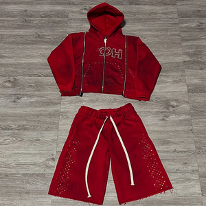 Personalizar Sudadera con capucha de los hombres Vintage Acid Wash Sun Fade Impreso Rhinestone Sudadera con capucha pantalones cortos Heavyweight Cotton HOODIE Sweat suit - Product Image 2