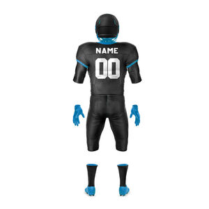 Uniforme de football américain personnalisé sublimé pour hommes, maillot rayé noir et bleu, pantalon, gants, crampons, tissu respirant, coupe athlétique - Product Image 2