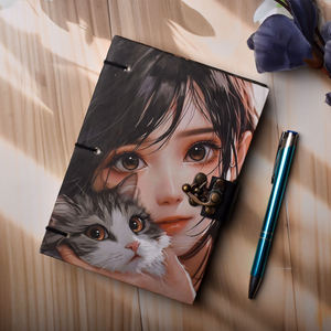 A5 Artistic Girl Cat Handmade Journal | Eco Friendly Hardcover Lock Diary <b>Notebook</b> with <b>Cute</b> Portrait Cover Design Gift Set Book - Product Image 3