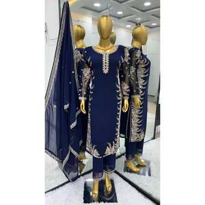 Designer Georgette Broderie Diamant Travail Bleu Marine Femmes Haut Bas Costume avec Dupatta - Product Image 1