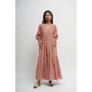 Vestido Maxi Rosa de Diseño Premium, de la Mejor Calidad, Corte en A, Cuello en V, Manga Corta, Chifón, Rayón, Verano, Transpirable, Simple, Natural, para Mujer - Product Image 1