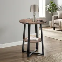 Table d'appoint ronde moderne en bois avec pieds en métal et étagère de rangement, meuble de salon avec prise de charge