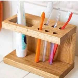 Bamboo wooden bathroom organizer stand with multi slot holder for toothbrush <b>toothpaste</b> and accessories storage - Product Image 1