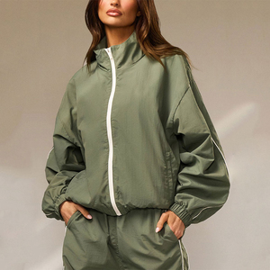Survêtement pour femmes, couleur unie, coupe ample, veste et pantalon à fermeture éclair sur toute la longueur, ensemble respirant en Polyester, vêtements de printemps - Product Image 5