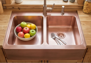 Évier double en cuivre de qualité supérieure, rectangulaire, à encastrer, finition polie, style ferme, pour cuisine - Product Image 3