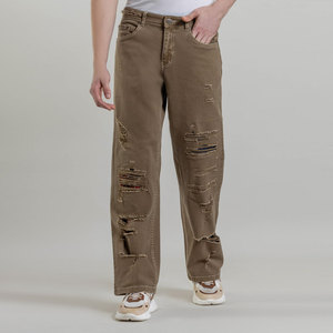 Pantalon en velours côtelé coupe droite pour homme, déchiré et vieilli, en coton mi-lourd, décontracté avec poches, style automne - Product Image 2