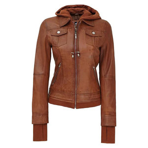 Women's Brown Genuine Leather Bomber Motorcycle Jacket Full Sleeve Breathable <b>Zipper</b> Closure Regular Length Autumn Style - Product Image 3