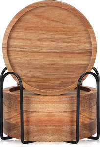 Natural Acacia Wood Round Coaster Set of Four with Metal Stand, Tropical Gold <b>Beach</b> Coasters with Carved Design - Product Image 2