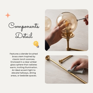 Elan Brushed Gold Tall Wand Wall Lamp Amber Glass Globe Sconce Light Fixture Nordic Elegance Design 3-Year Warranty for Bedroom - Product Image 3