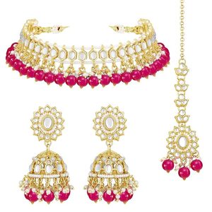 Ensemble de bijoux ethniques plaqués or avec perles roses et boucles d'oreilles en cristal pour femmes, pour mariage ou fête - Product Image 6
