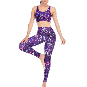 Women Yoga Set Purple Abstract Print High Waist Leggings Racerback Square Neck <b>Crop</b> <b>Top</b> 2 Piece Spandex Polyester Breathable - Product Image 3