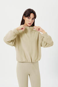 Ensemble sweat-shirt court beige demi-zippé et leggings assortis pour femme – Polaire épaisse de qualité supérieure, pull à manches longues, style athlétique - Product Image 1