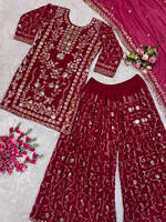 Robe Sharara Premium pour femmes avec broderies riches |   Ensemble ethnique indien 3 pièces pour fête, fausse fourrure, séchage rapide