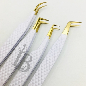 Top Sale <b>Eyelash</b> Tweezers White Color Golden Tip <b>Mink</b> <b>Eyelash</b> <b>Extension</b> Volume Tweezers Stainless Steel Curved Tweezers - Product Image 1