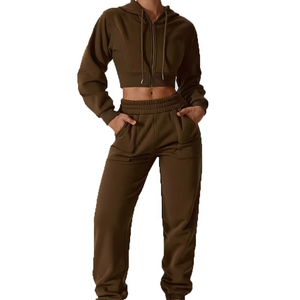 Conjunto de Sudadera Corta con Capucha y Pantalones Jogger a Juego para Mujer, Estilo Casual Urbano, Corte Regular, Liso, para Invierno y Actividades al Aire Libre - Product Image 3