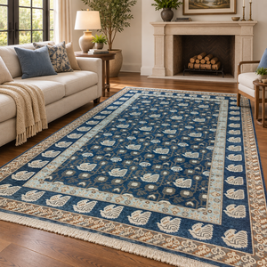Hand Knotted Wool 9x12 Navy Blue Traditional Area <b>Rug</b> with Ivory Paisley Floral Motifs Fine Border for Living Room <b>Bedroom</b> Decor - Product Image 1
