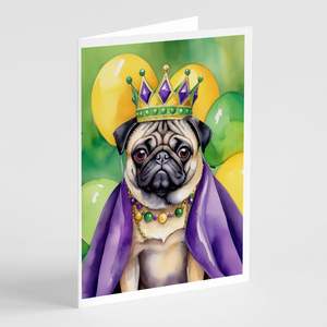 Pug King of Mardi Gras <b>Greeting</b> <b>Cards</b> Pack of 8 Whimsical A7 Blank <b>Note</b> <b>Cards</b> with Envelopes 5x7 Size - Product Image 1