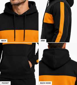 Men's Color Block Hoodie <b>Black</b> Mustard Yellow Pullover Hooded Sweatshirt Drawstring Kangaroo Pocket Custom Wholesale <b>Fleece</b> - Product Image 3
