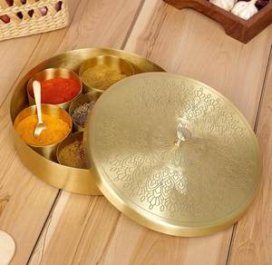 Decorative Indian Brass Condiment <b>Box</b> with <b>Removable</b> Spice Containers Handmade Kitchen Organizer Export Quality Bulk Supply - Product Image 1