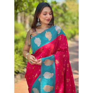 Sari en soie rose léger et doux Elite Weaves avec contraste tissé Zari, robes de soirée élégantes - Shopified - Product Image 2