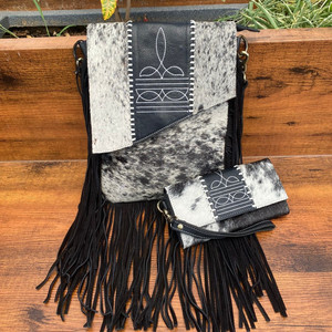 Pelo occidental en cuero genuino bota puntada flecos bandolera y bota puntada cuero de vaca genuino muñequera cartera conjuntos combinados - Product Image 2