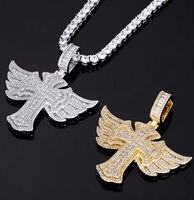 Pendentif Croix Entièrement Sertie de Diamants Effet Glacé Or Argent Micro Pavé Baguette Ailes d'Ange pour Hommes et Femmes Hip Hop