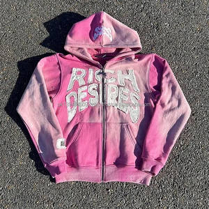 Custom Heavyweight 100% Cotton Zip up Hoodie Men Custom Distressed <b>Applique</b> <b>Patch</b> Embroidery Vintage Acid Washed Hoodie for Men - Product Image 3