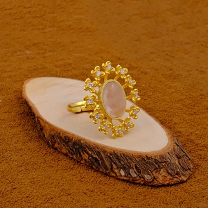 Quartz rose pierre précieuse réglable plaqué or zircon cubique bague florale élégante bague de cocktail pour femmes pour les bijoux de mode quotidiens - Product Image 3