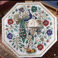 Plateau de table en marbre de 12 pouces avec incrustations artisanales, art moghol antique, table décorative pour la maison et les cadeaux