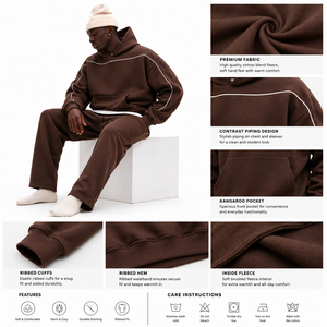 OME Custom Oversized Hoodie Brown Pullover Streetwear Sweatshirt Contrast Piping Y2K OEM Wholesale Private Label Supplier USA - Product Image 6
