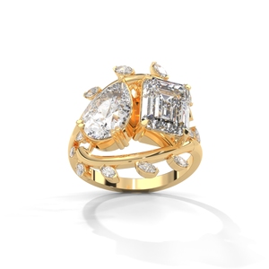 Moissanite Two Stone <b>Ring</b> Pear Cut <b>Emerald</b> Cut Gold Plated 925 <b>Silver</b> Cross Over Bridal Jewelry - Product Image 1