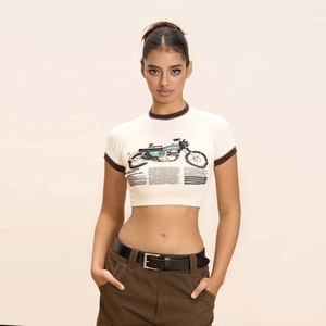 Camiseta Corta para Mujer, Cuello Redondo, Estampado de Motocicleta, Corte Ajustado, Informal, de Algodón Jersey, para Primavera/Verano, Estilo Urbano - Product Image 3