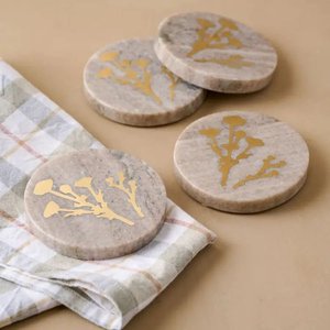 natural white marble palm tree <b>coaster</b> <b>gold</b> inlay round drink <b>coaster</b> tropical <b>coaster</b> handmade stone <b>coaster</b> luxury table decor - Product Image 3