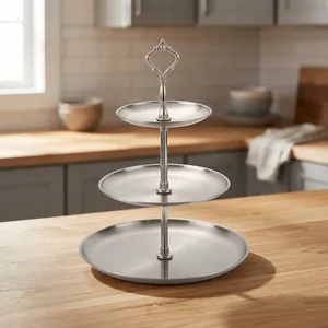 Support à dessert à 3 étages en acier inoxydable avec poignée, support à gâteau en métal argenté pour cupcakes, pâtisseries, desserts, thé de l'après-midi, buffet - Product Image 6
