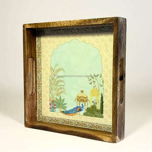 Plateau de service en bois émaillé fabriqué à la main forme ronde meilleure qualité avec motif floral produit cadeau unique par FWE - Product Image 1