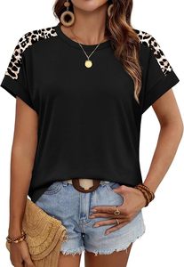 Camiseta de Manga Corta con Estampado de Leopardo Negro para Mujer, Cuello Redondo, Corte Holgado, Estilo Casual, Primavera Verano, Top de Jersey de Algodón - Product Image 2