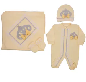 고품질 의류 현대 고급 도매 주문 신생아 아이 옷 새로운 디자인 노란색 레이스 3 조각 장난 꾸러기 세트 및 담요