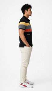 Oneten <b>Men's</b> <b>Black</b> Color Block Striped <b>Polo</b> Shirt Short Sleeve Casual Regular Fit Top - Product Image 3