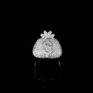 Anillo de cóctel Hiphop con moissanita y diseño de bolsa de dinero, plata 925 con engaste pavé, para uso diario masculino - Product Image 1