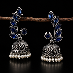 Oxidized <b>Silver</b> Blue Stone Jhumka <b>Earrings</b> Handmade Pearl <b>Dangle</b> Jewelry for Women - Product Image 5