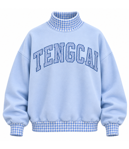Custom Logo <b>Women</b>’s Mock Neck Sweatshirt Oversized <b>Navy</b> Gingham Applique Cotton <b>Fleece</b> Winter Streetwear Fashion Pullover - Product Image 5