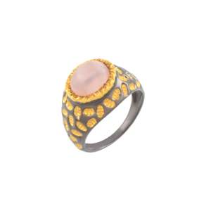 S925 Sterling Silver Bohemian <b>Cocktail</b> Fine <b>Ring</b> With Pink Oval Rose Quartz Bezel Setting 22K <b>Gold</b> Plated Precious Fine Jewelry - Product Image 1