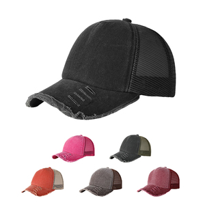 OEM ODM 5 Panel 3D Embroidery Custom Mesh Trucker <b>Hat</b> Baseball Cap Curved Brim Vintage Distressed Hip Hop Sports Cap - Product Image 1