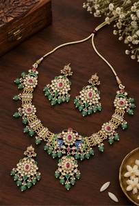 TISHYA Gold Plated Alloy Necklace Earrings <b>Set</b> with Ruby Round Brilliant Cut Imitation <b>Pearl</b> Ethnic Wedding <b>Jewelry</b> for Women - Product Image 4