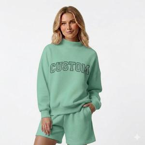 Womens Orange Solid Custom Text Print Mock Neck Oversized <b>Sweatshirt</b> and Shorts Set <b>Long</b> Sleeve Casual Streetwear Activewear - Product Image 5