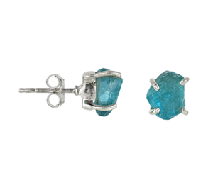 Tranquil Ocean Blue Apatite 925 Sterling Silver Raw Stone Ear Studs Handmade Jewelry Claw Setting Minimalist Everyday Wear - Product Image 1