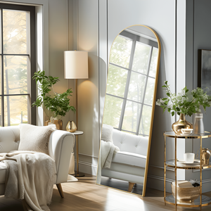 Supporto a specchio da pavimento in legno a tutta lunghezza con finitura dorata ad arco ad angolo destro per soggiorno/medicazione ingresso camera da letto da bagno - Product Image 2